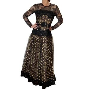 Liancarlo  Vintage Black Gold Lace Tulle Embroidered Gown Formal Dress Bustier 8